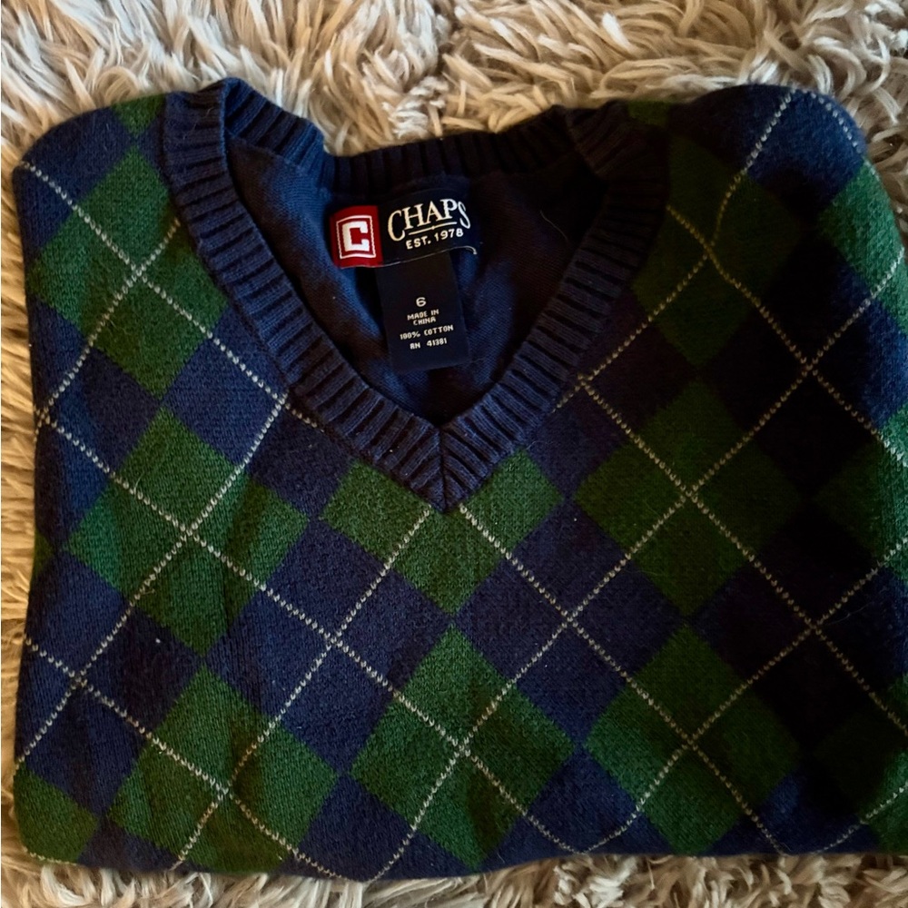 Chaps V-Neck Green and Blue Sweater with Argyle Pattern